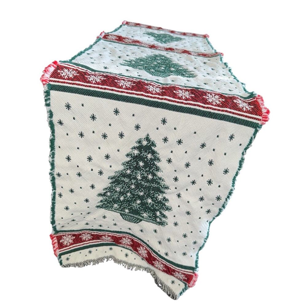 Vintage Christmas Holiday Woven Table Runner Green Tree Snowflake Fringe 68”